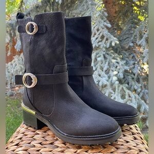 VC Kerivini Black Leather Double Harness Heeled Moto Boot. EUC Women's EU40/US 9